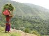 A woman, balancing a tall bundle of long grasses on her head